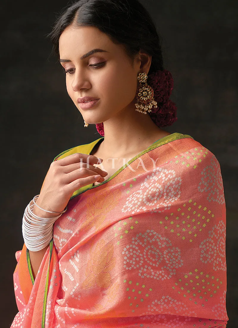 Peach And Lime Embroidered Festive Saree