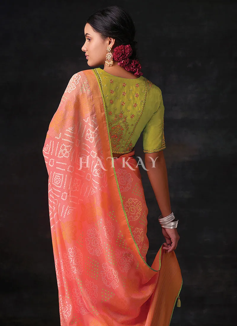 Peach And Lime Embroidered Festive Saree