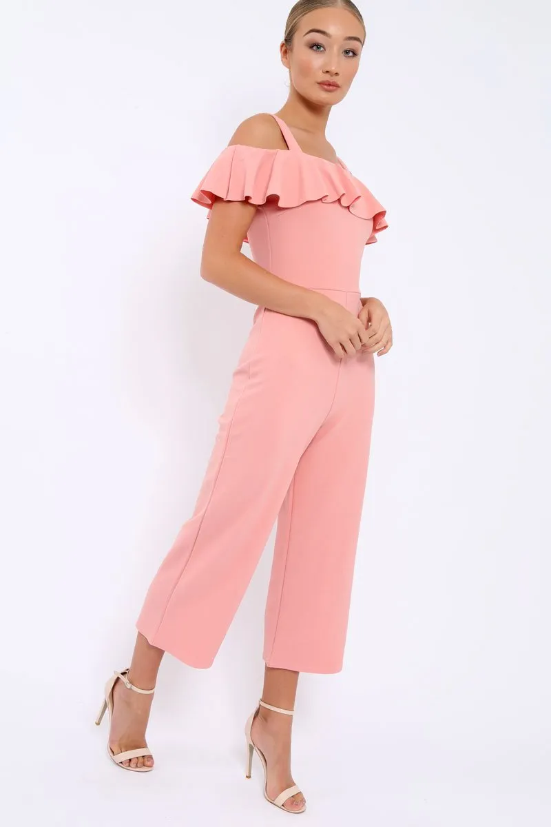 Pink Cold Shoulder Jumpsuit - Linora