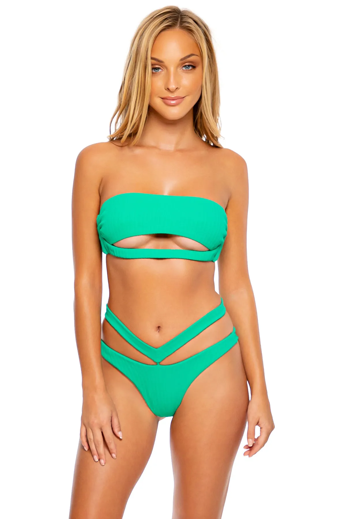 PLAYA VIBES - Open Front Bandeau & Strappy High Leg Brazilian Scrunch Bottom • Mojito Campaign
