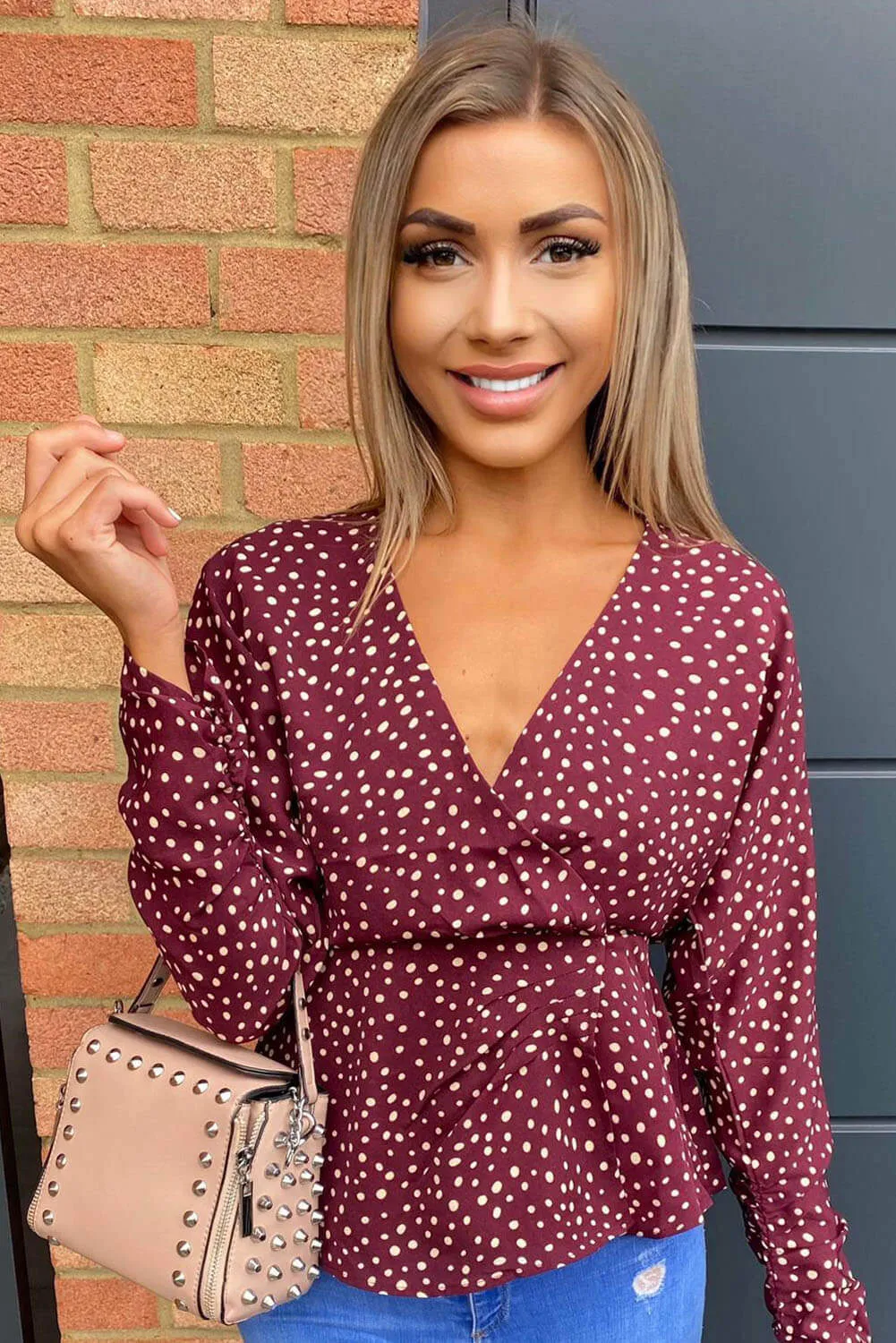Plum Polka Dot Long Sleeve Wrap Top