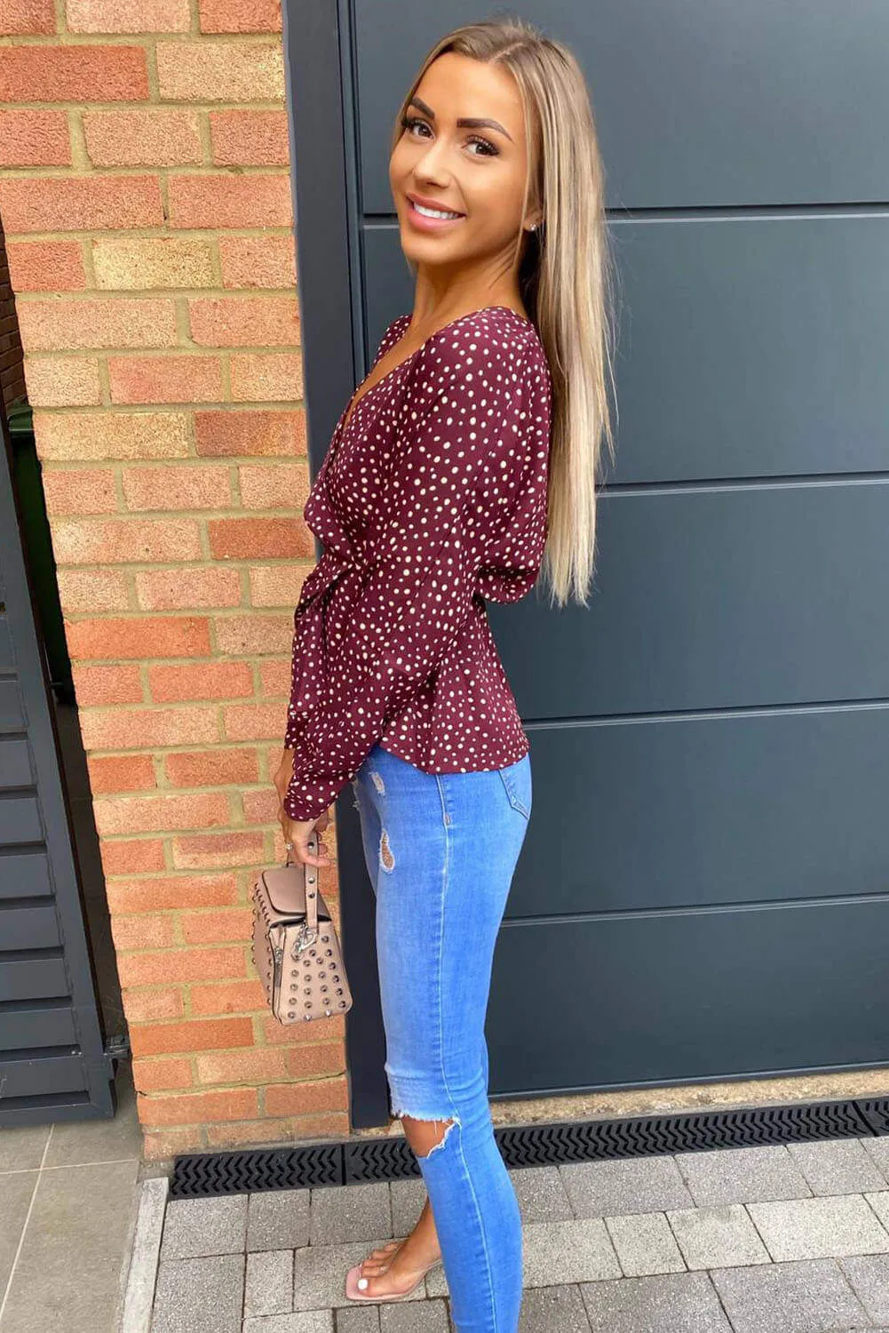 Plum Polka Dot Long Sleeve Wrap Top