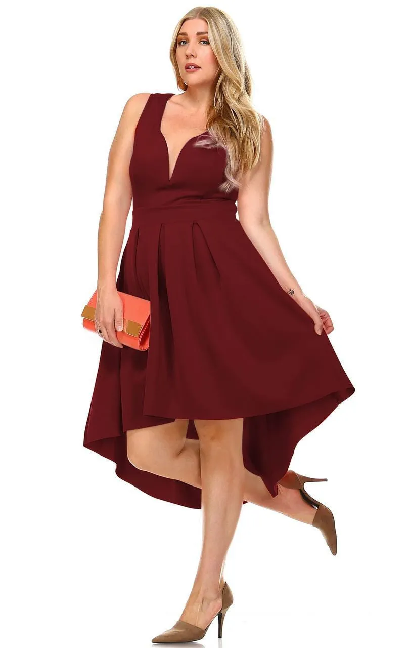 Plus Size Pleated Midi Cocktail Dress with Empire Waist Burgundy