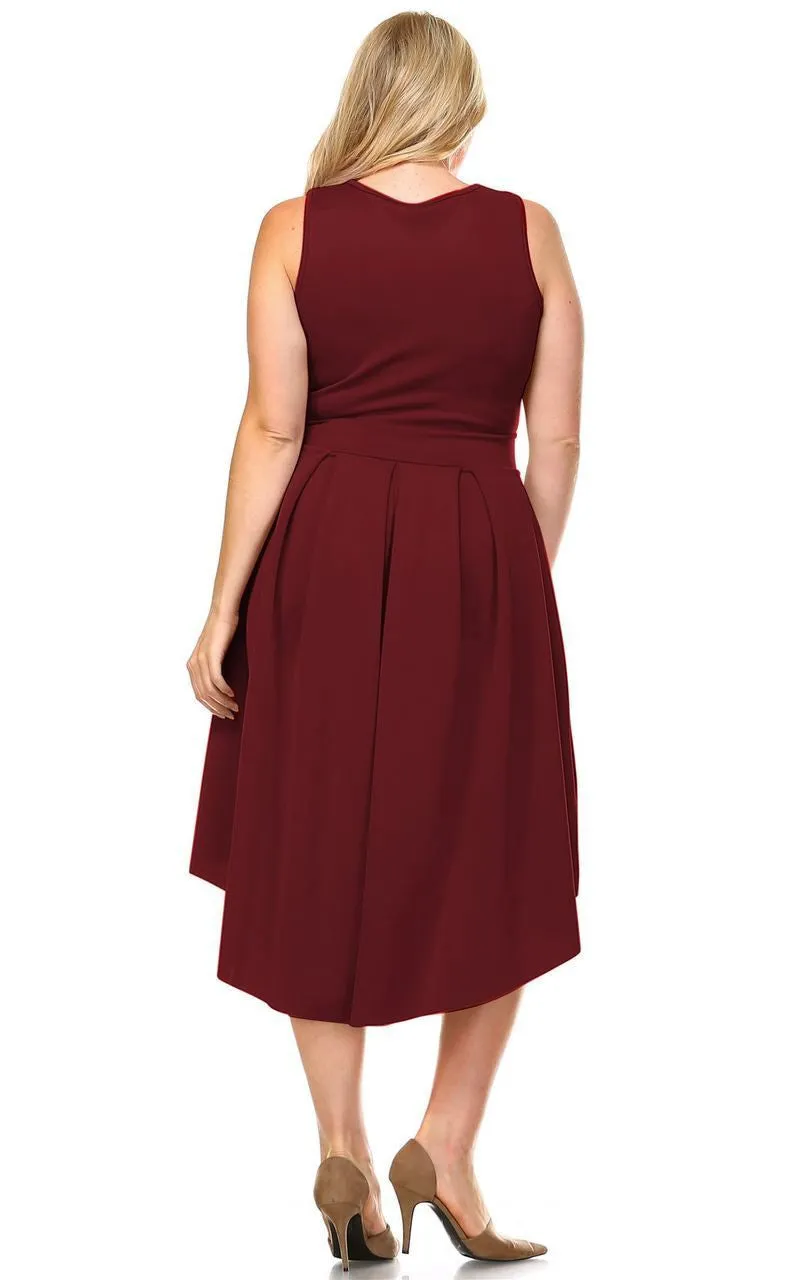 Plus Size Pleated Midi Cocktail Dress with Empire Waist Burgundy