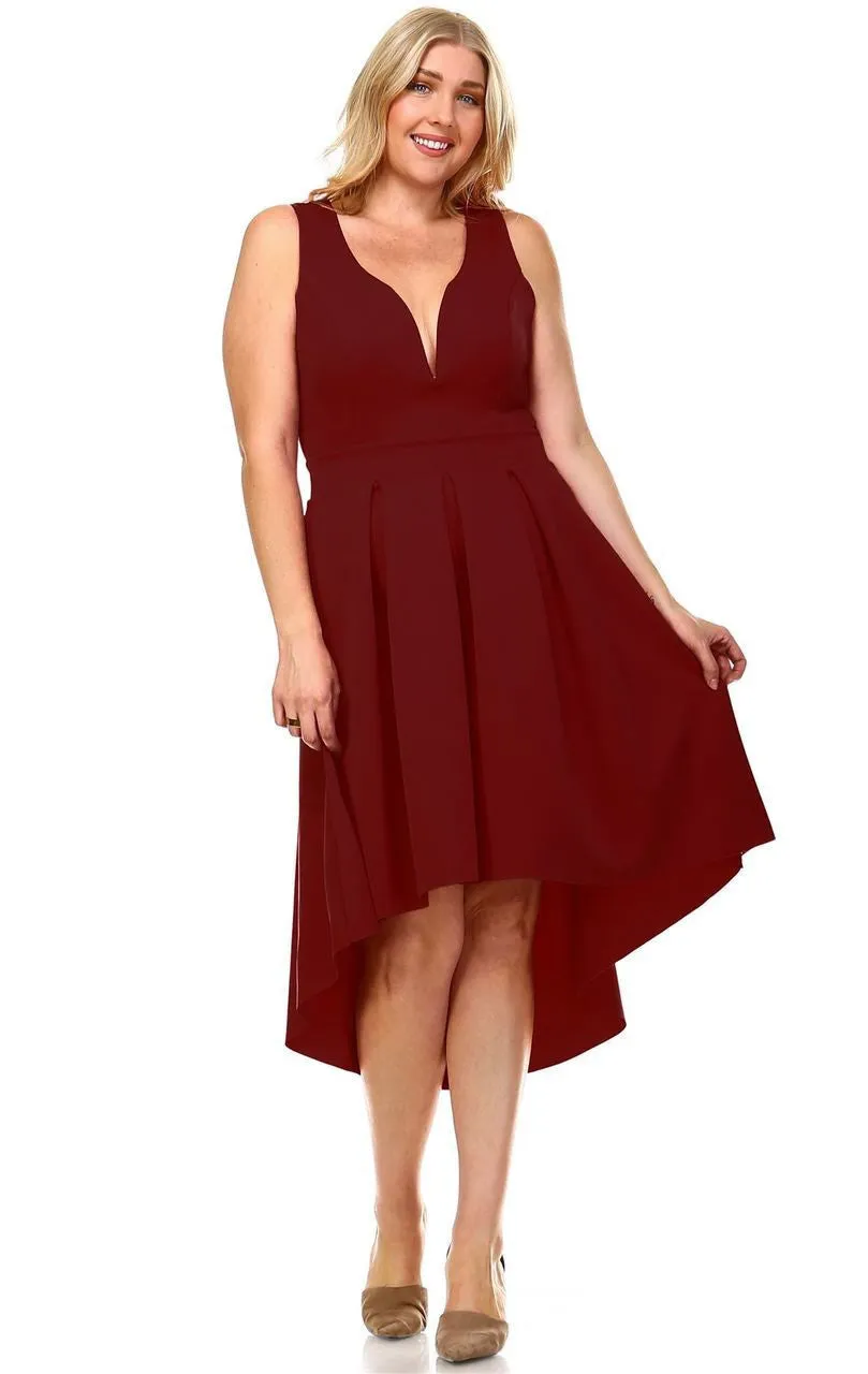Plus Size Pleated Midi Cocktail Dress with Empire Waist Burgundy