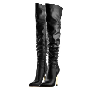 Pointed Toe Matte Black Metal Heels Stiletto Thigh Boots