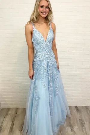 Prom Dress Blue Tulle A-Line V-Neck Floor Length With Appliques LPD006