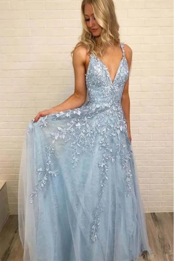 Prom Dress Blue Tulle A-Line V-Neck Floor Length With Appliques LPD006