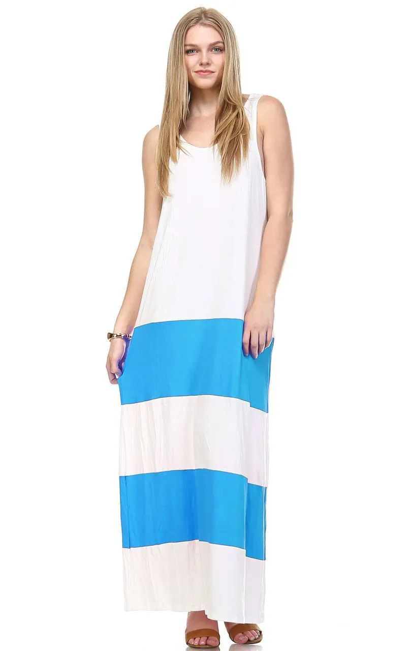 Racerback Maxi Dress Sleeveless White Blue