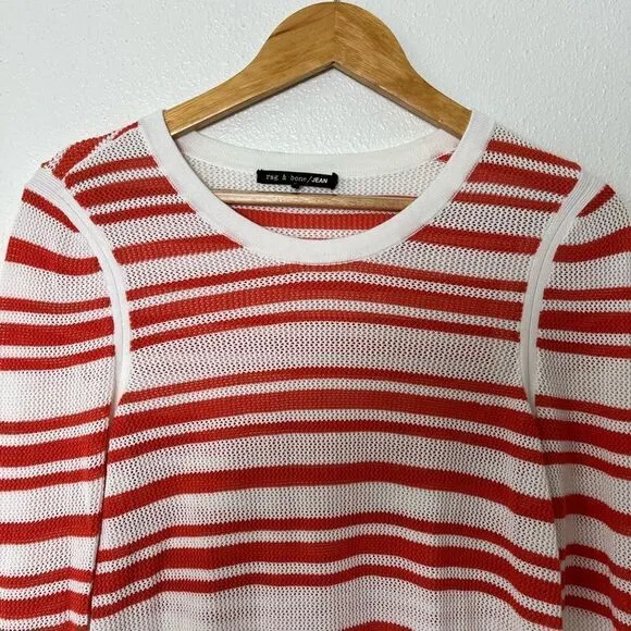 Rag &amp; Bone Striped Sweater Crew Neck Long Sleeves Perforated White Coral Medium