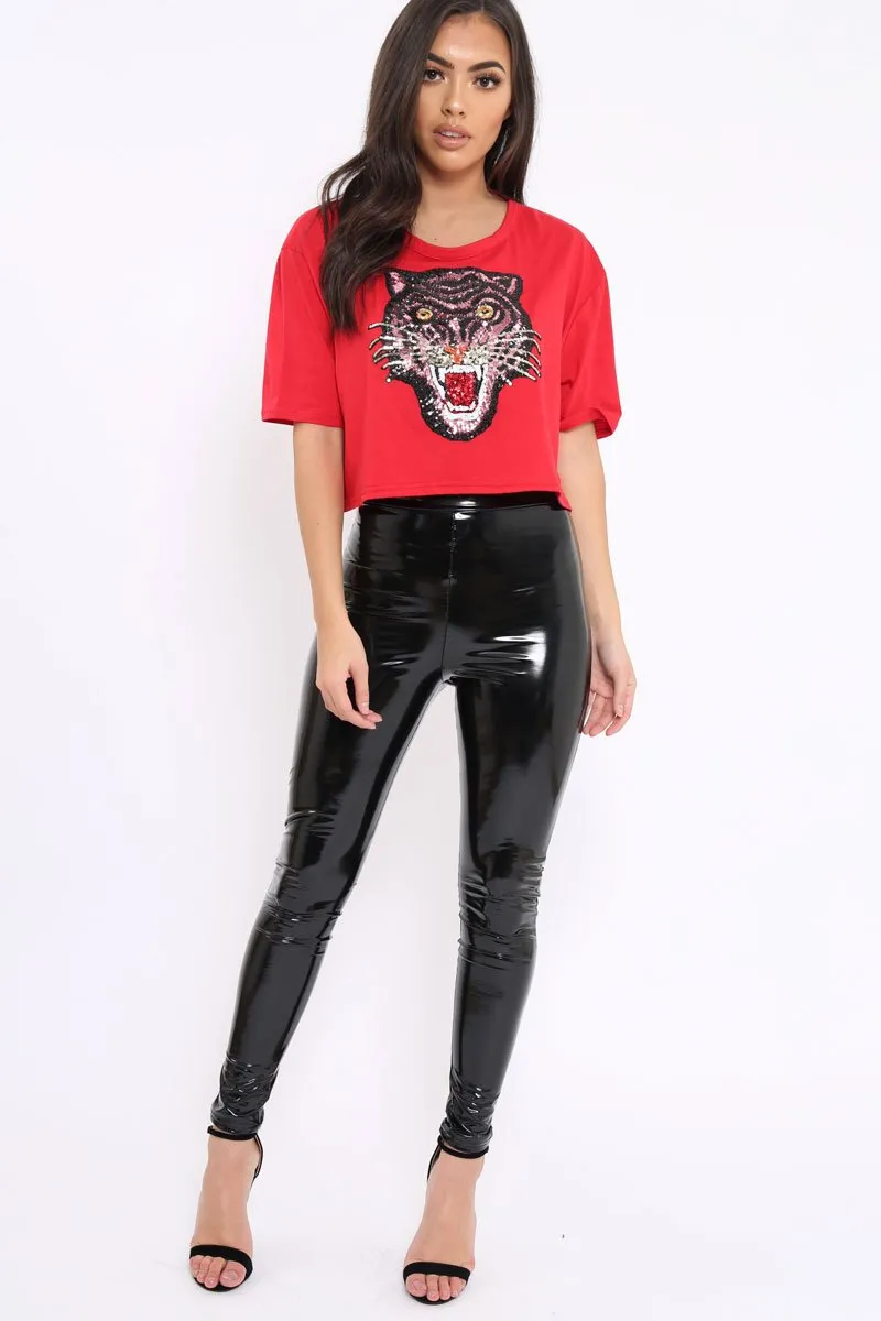 Red Cropped Tee with Applique Sequin Tiger - Avery