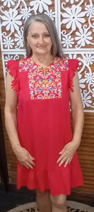 Red Sleevless Embroidery Dress