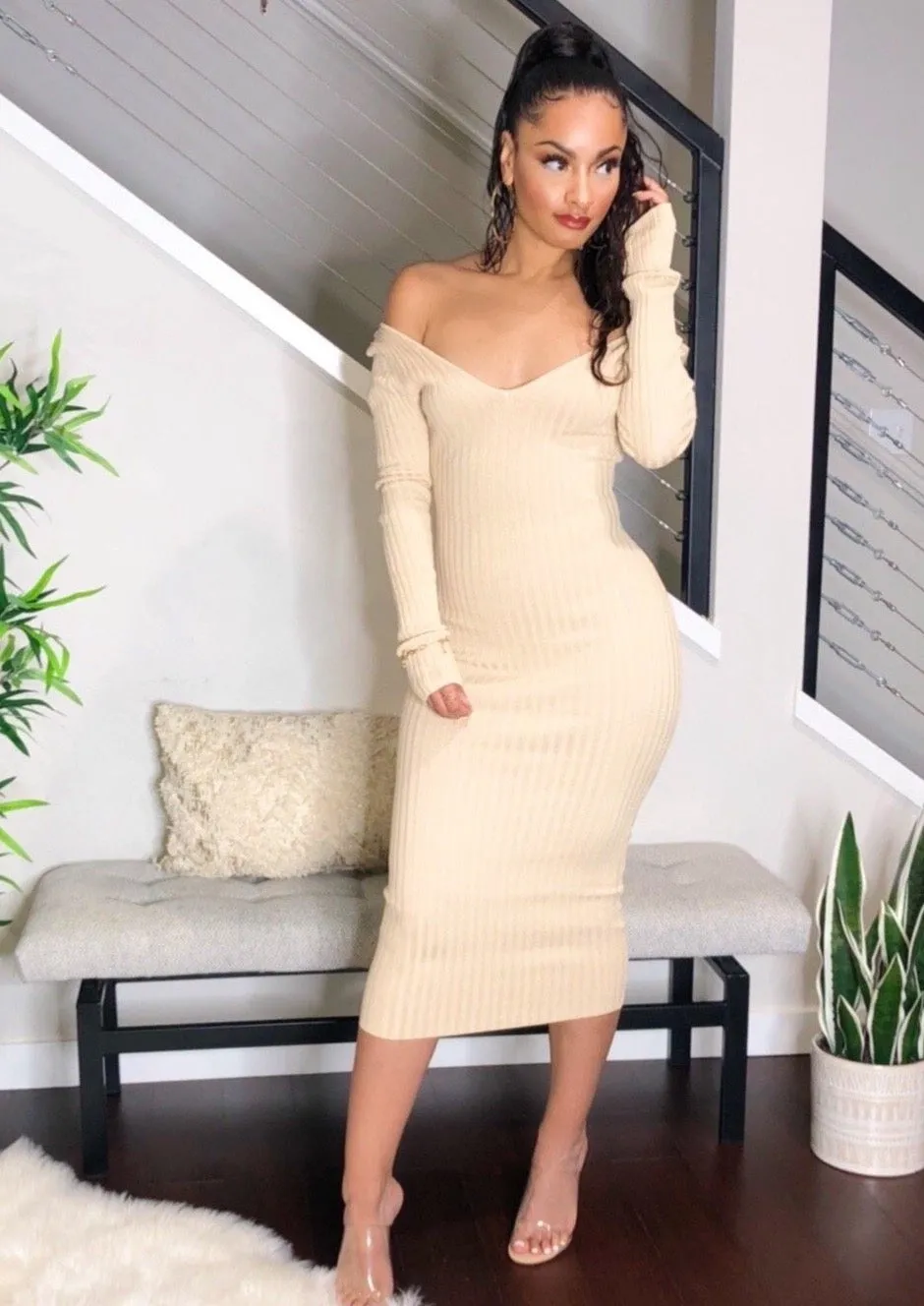 Ribbed Sweater Midi Dress (Beige)