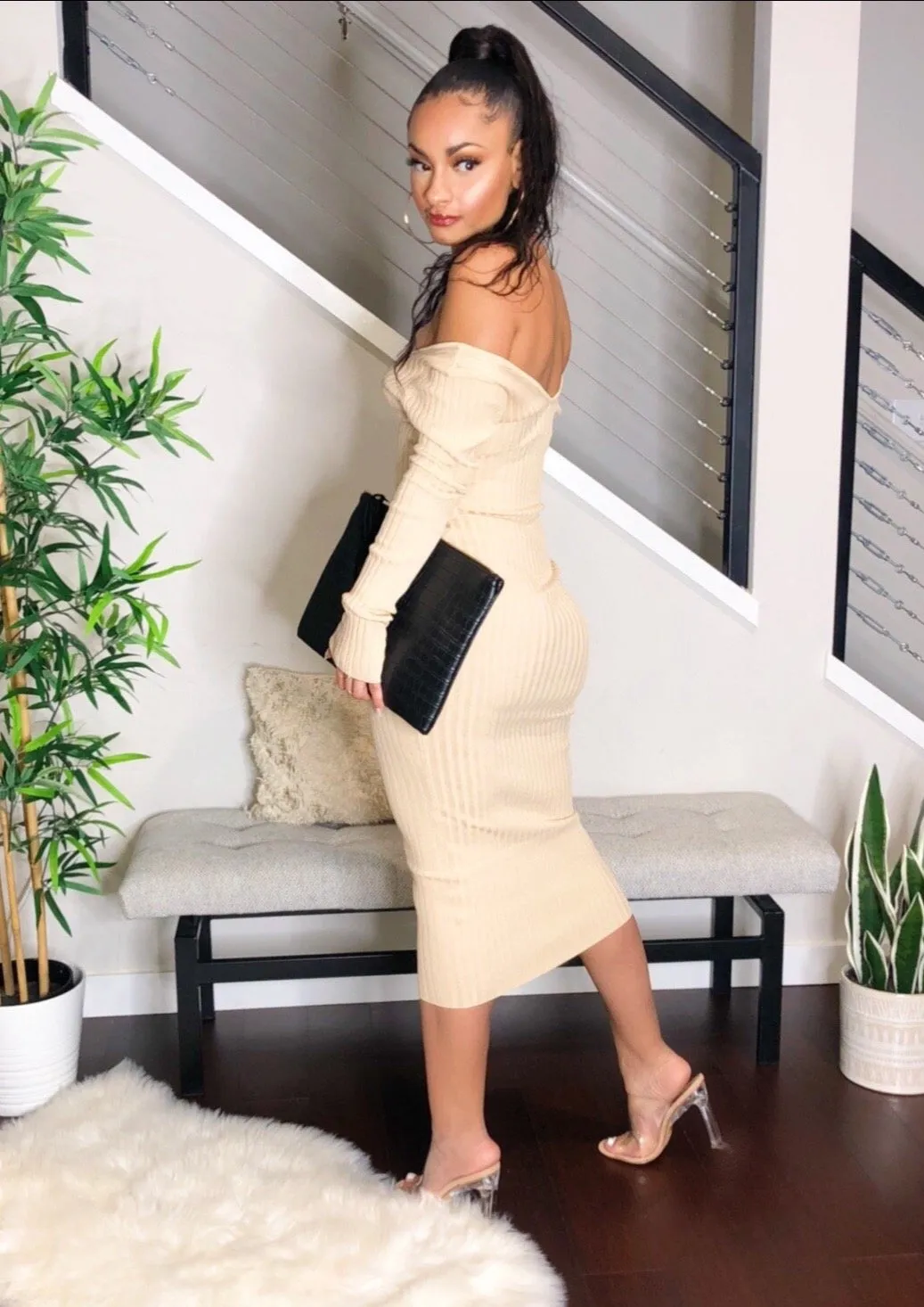 Ribbed Sweater Midi Dress (Beige)