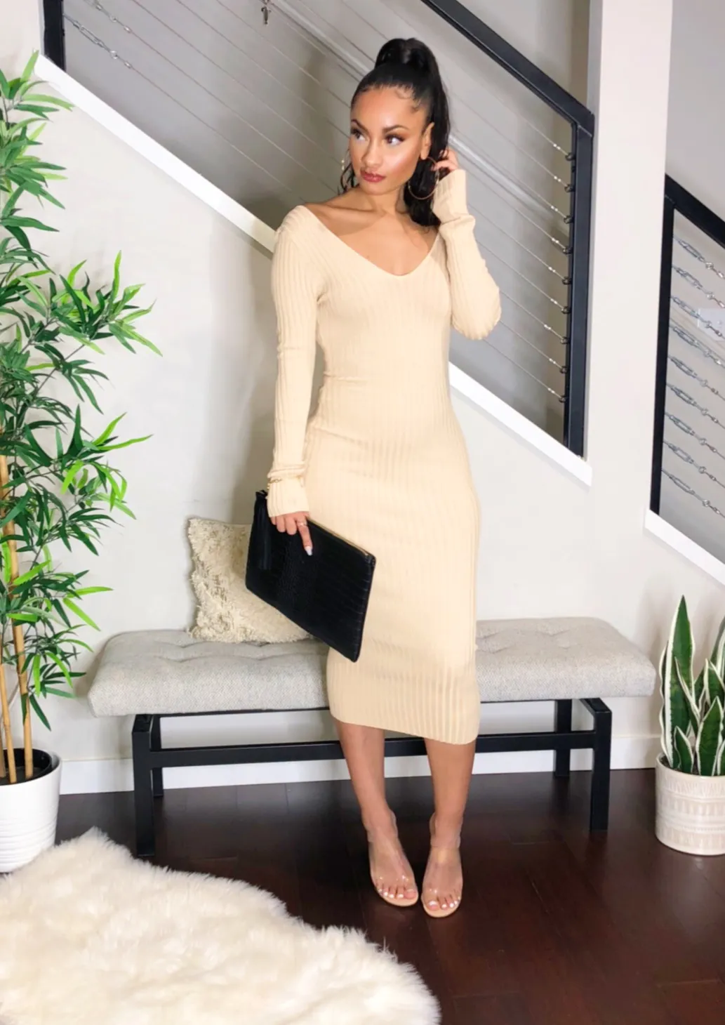 Ribbed Sweater Midi Dress (Beige)