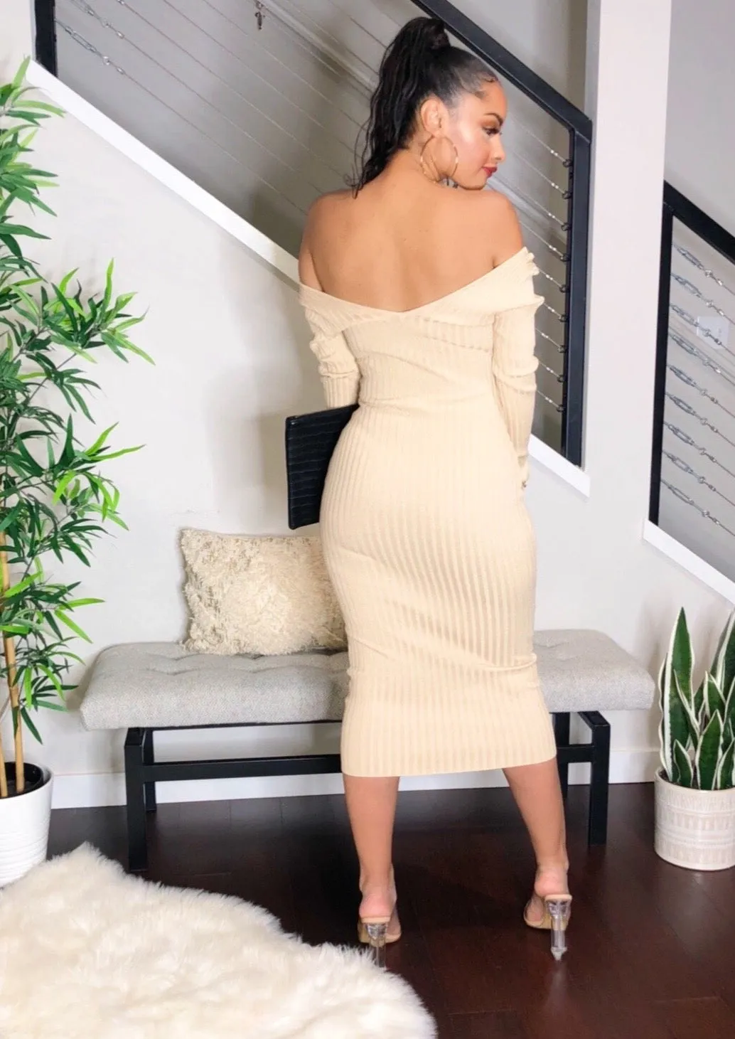 Ribbed Sweater Midi Dress (Beige)