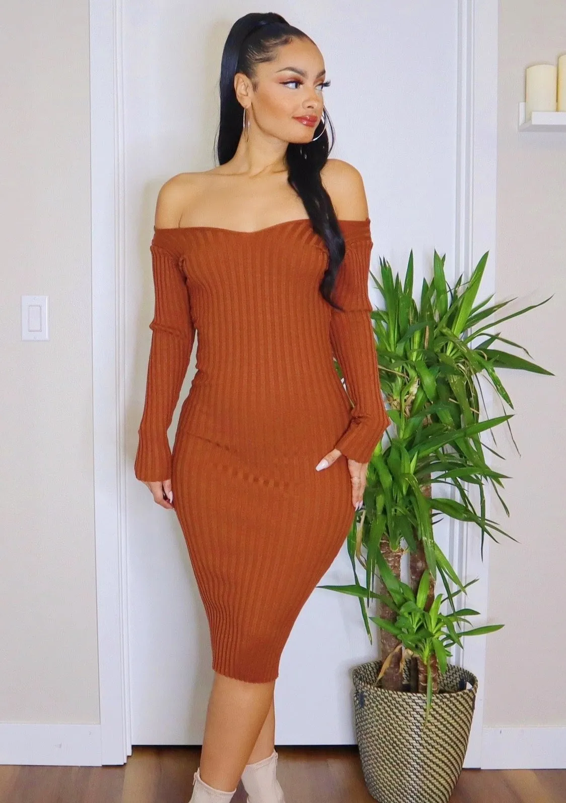Ribbed Sweater Midi Dress (Chocolate)
