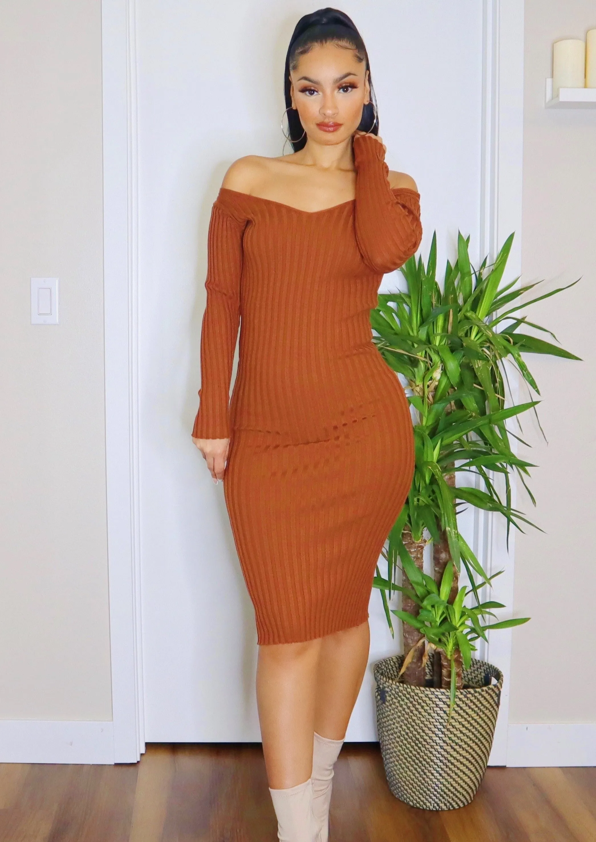Ribbed Sweater Midi Dress (Chocolate)