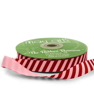 Ribbon- 5/8 Inch Modern Diagonal Striped Grosgrain Ribbon with Woven Edge Light Pink / Red - 757-58