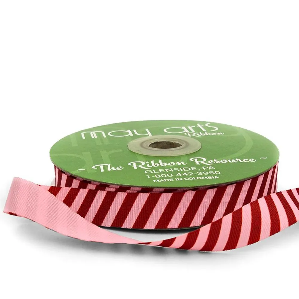 Ribbon- 5/8 Inch Modern Diagonal Striped Grosgrain Ribbon with Woven Edge Light Pink / Red - 757-58