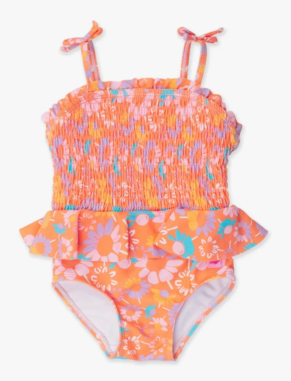 Ruffle Butts Coral Floral Peplum Smocked Bodice One Piece