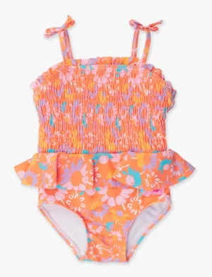 Ruffle Butts Coral Floral Peplum Smocked Bodice One Piece