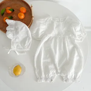 Short Sleeve Cotton Solid Color Jumpsuit   Hat for Baby Girls