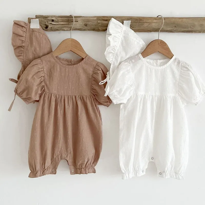 Short Sleeve Cotton Solid Color Jumpsuit   Hat for Baby Girls