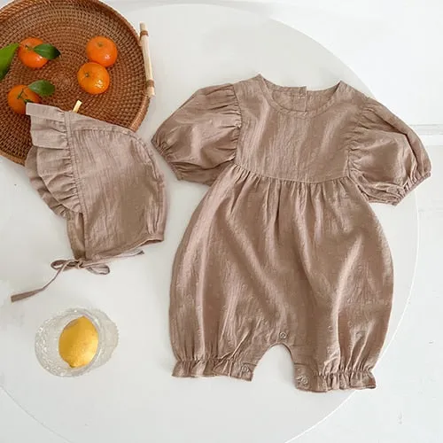 Short Sleeve Cotton Solid Color Jumpsuit   Hat for Baby Girls