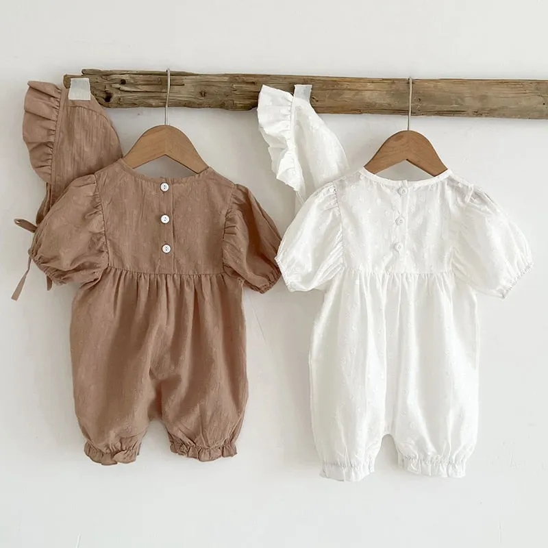 Short Sleeve Cotton Solid Color Jumpsuit   Hat for Baby Girls