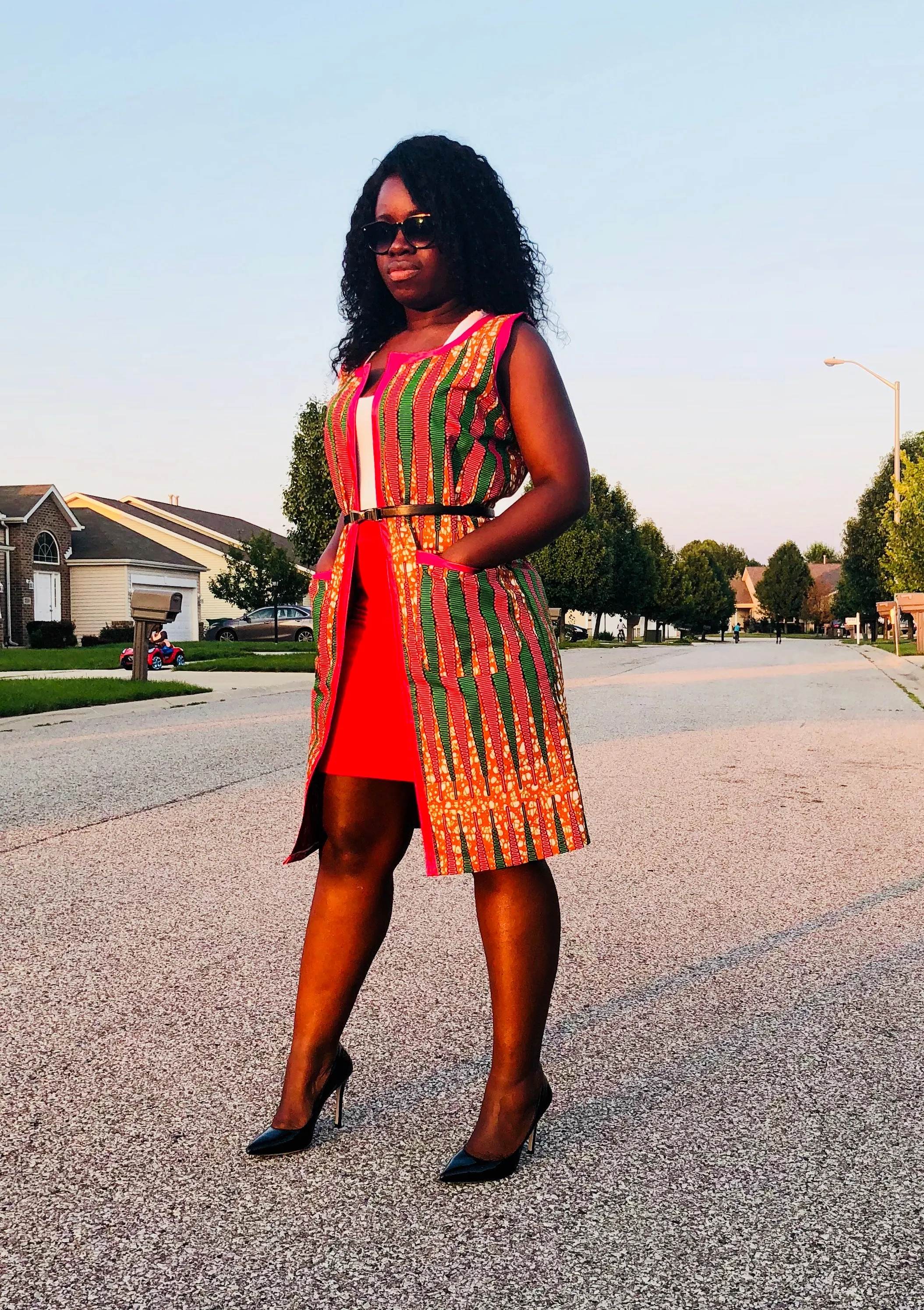 Sleeveless Ankara duster ( pink/green)