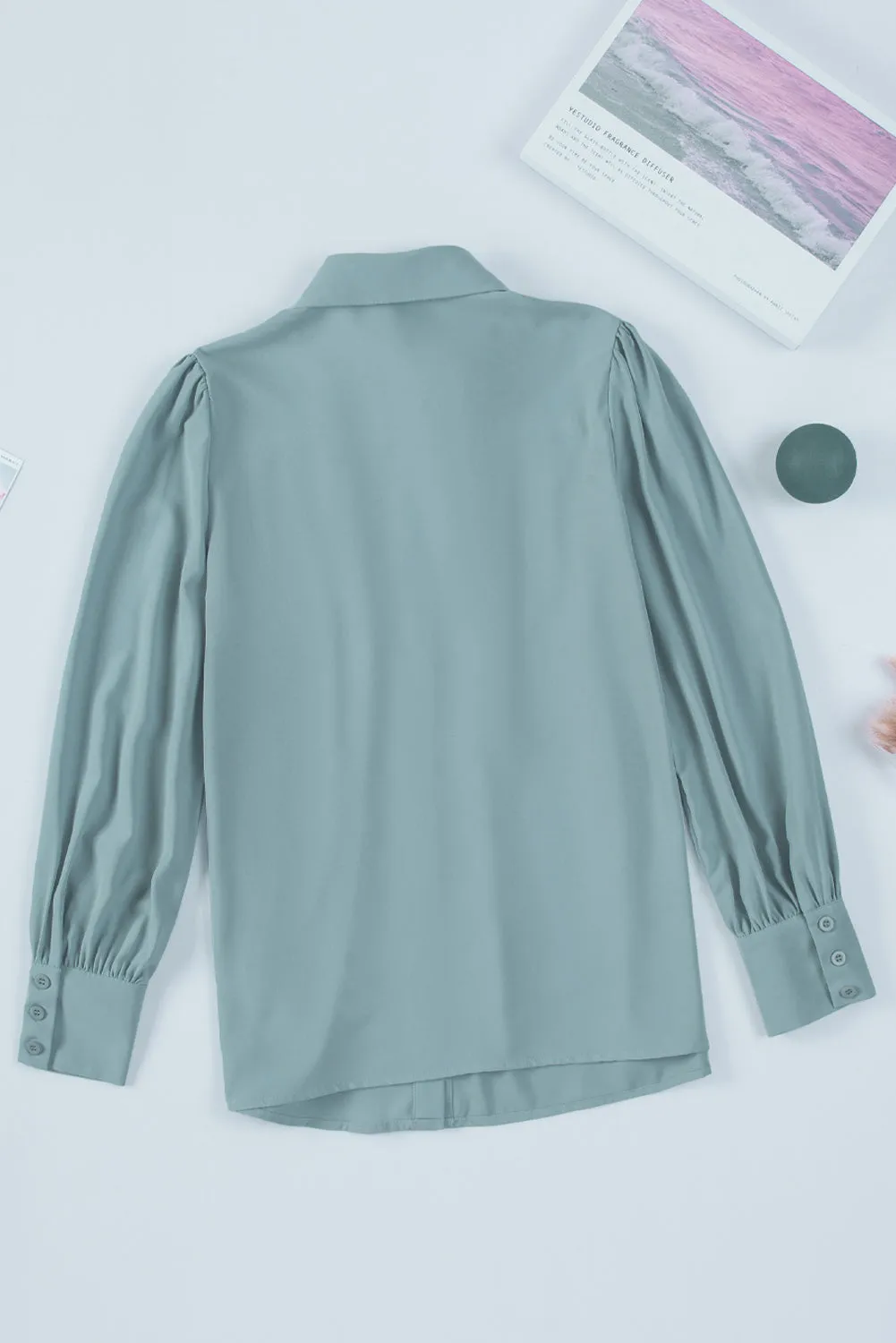 Solid Color Button Up Puff Sleeve Blouse