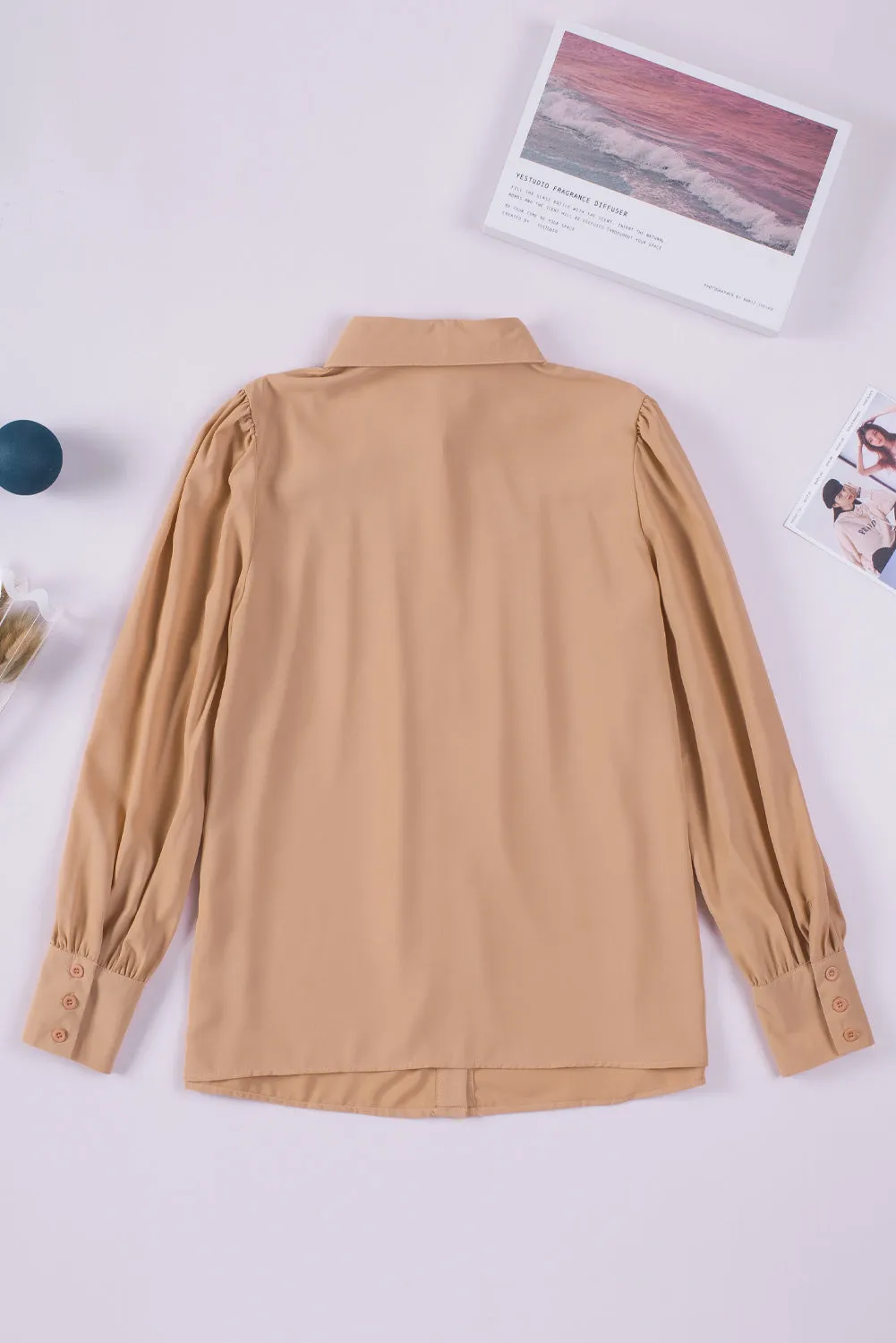 Solid Color Button Up Puff Sleeve Blouse