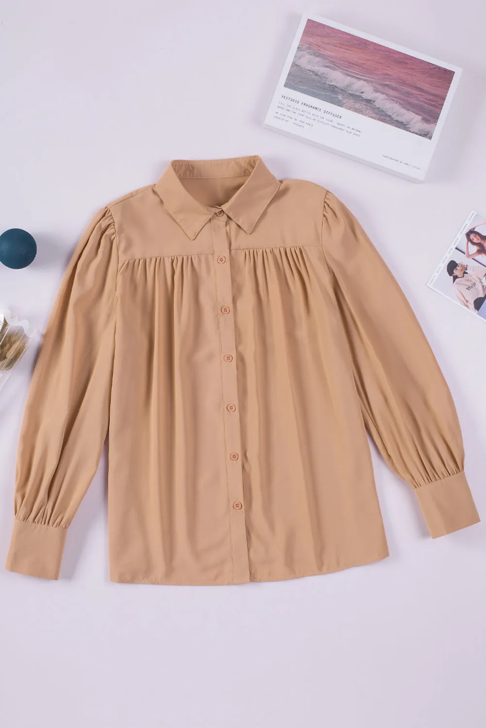 Solid Color Button Up Puff Sleeve Blouse