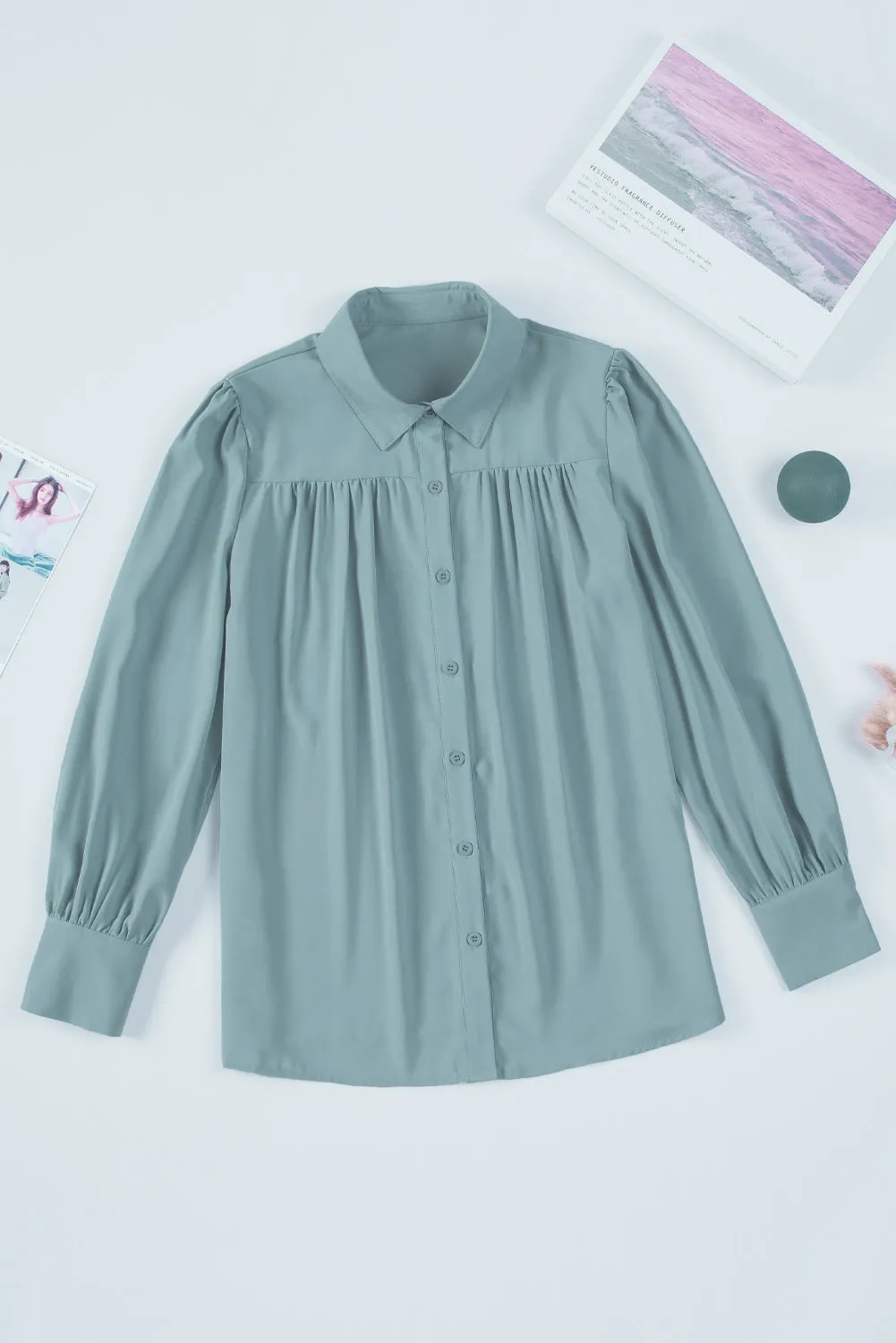 Solid Color Button Up Puff Sleeve Blouse