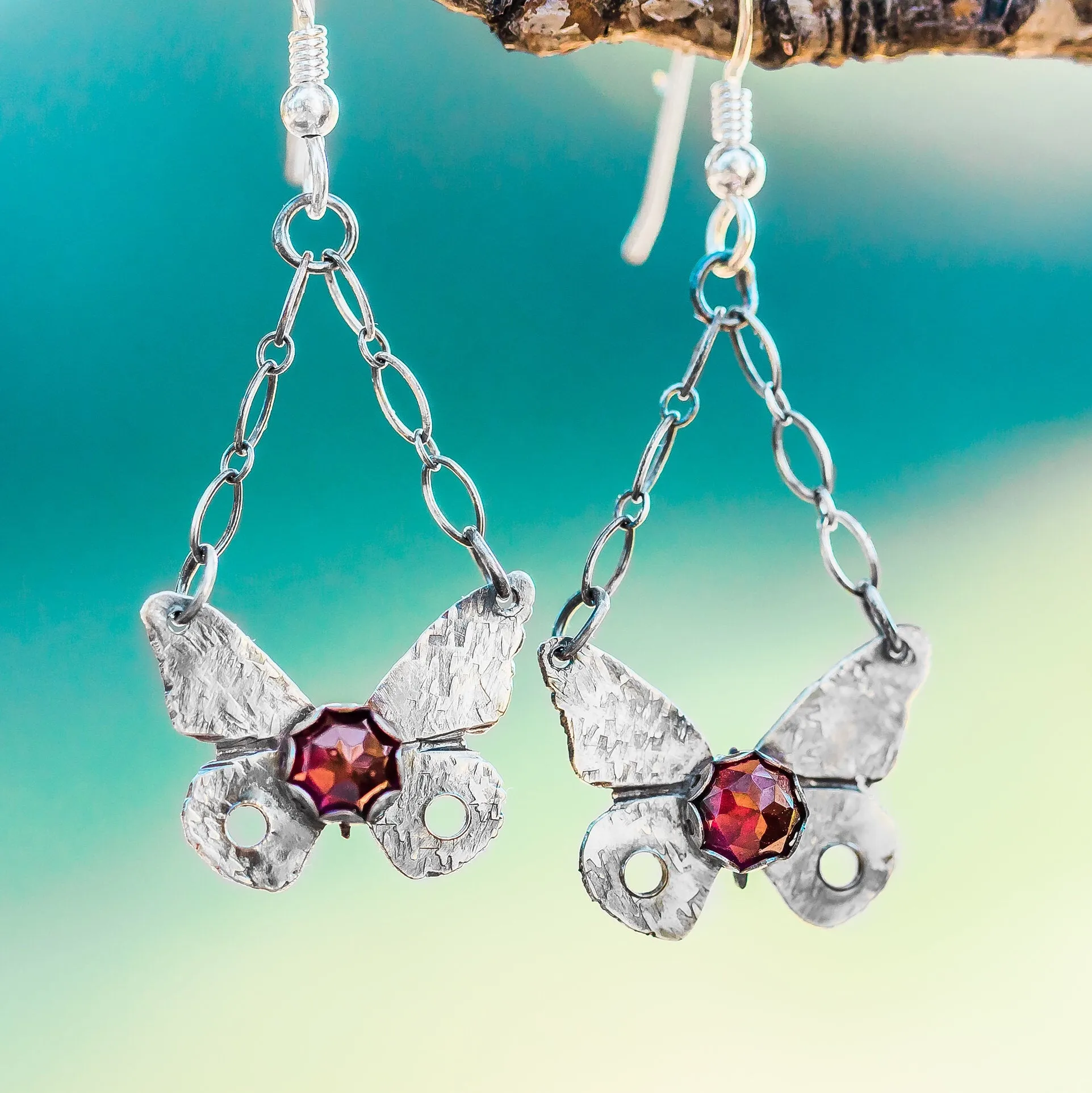 Sterling Silver Butterfly Earrings with Garnet Gemstone