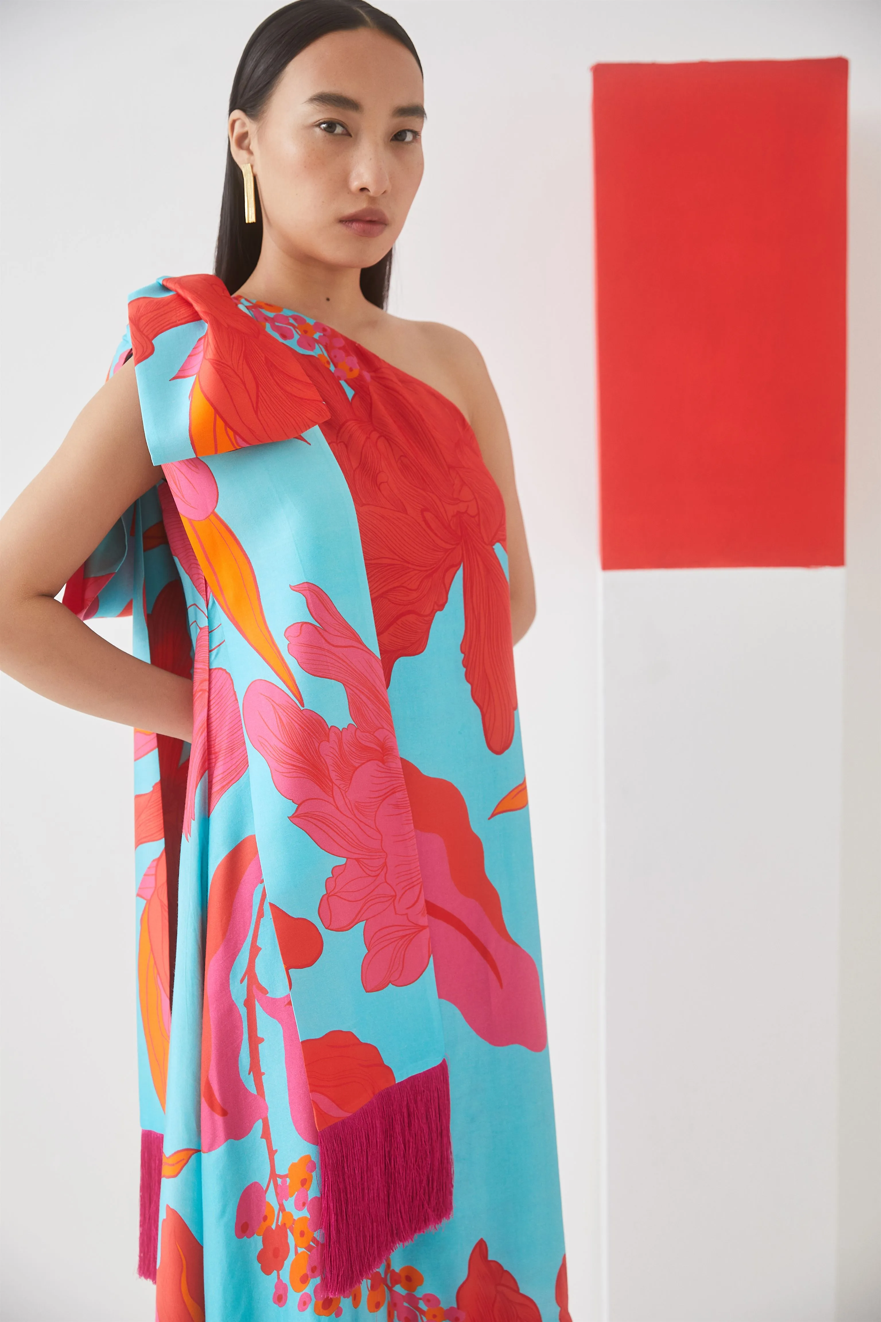 Studio Rigu Pushkinskiy Blue Rose One Shoulder Bow Dress Fringes On Collar  Bottom Of The Dress,Bow On Shoulder Vegan Silk Arcadia Collection