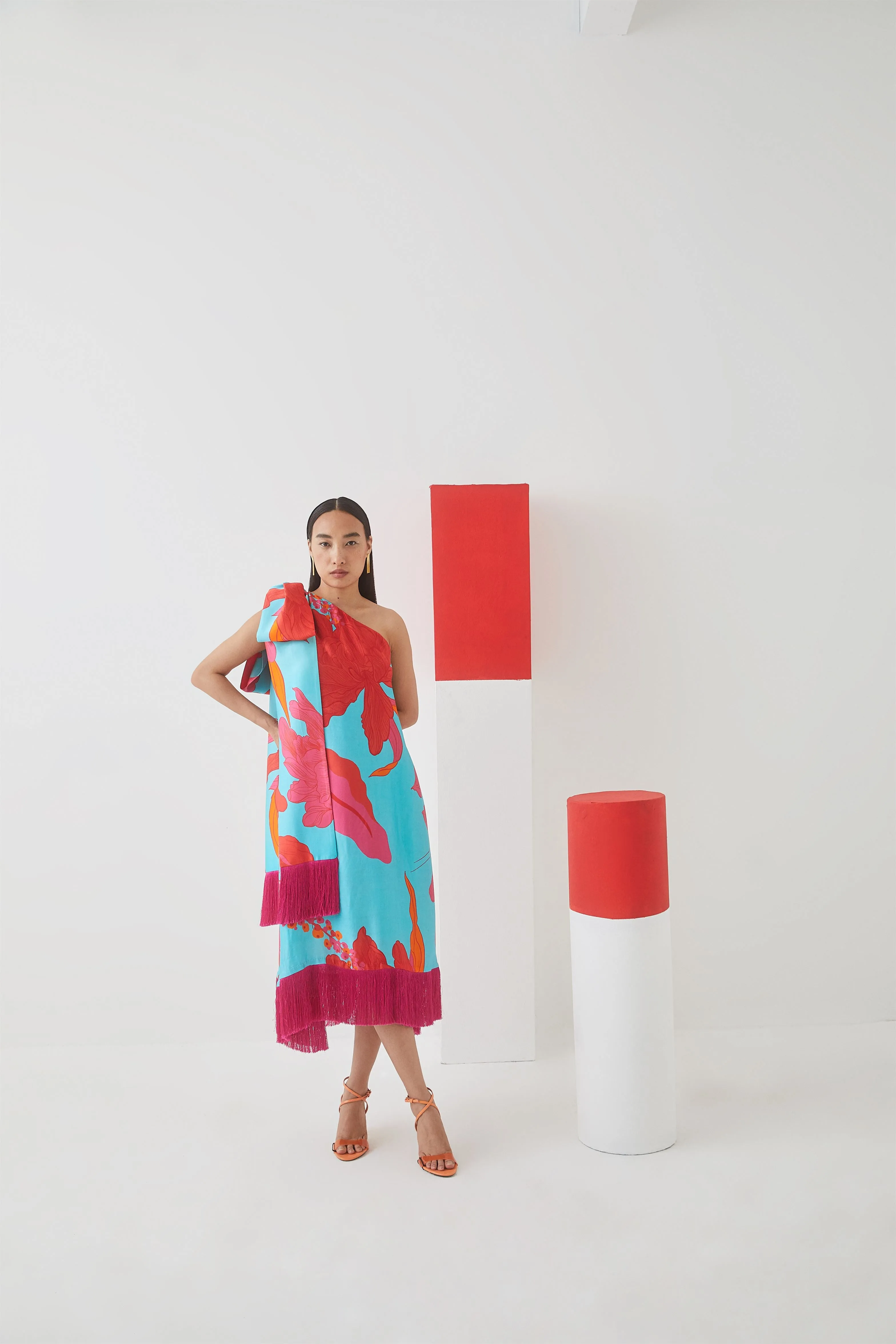 Studio Rigu Pushkinskiy Blue Rose One Shoulder Bow Dress Fringes On Collar  Bottom Of The Dress,Bow On Shoulder Vegan Silk Arcadia Collection