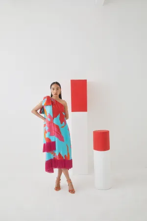Studio Rigu Pushkinskiy Blue Rose One Shoulder Bow Dress Fringes On Collar  Bottom Of The Dress,Bow On Shoulder Vegan Silk Arcadia Collection