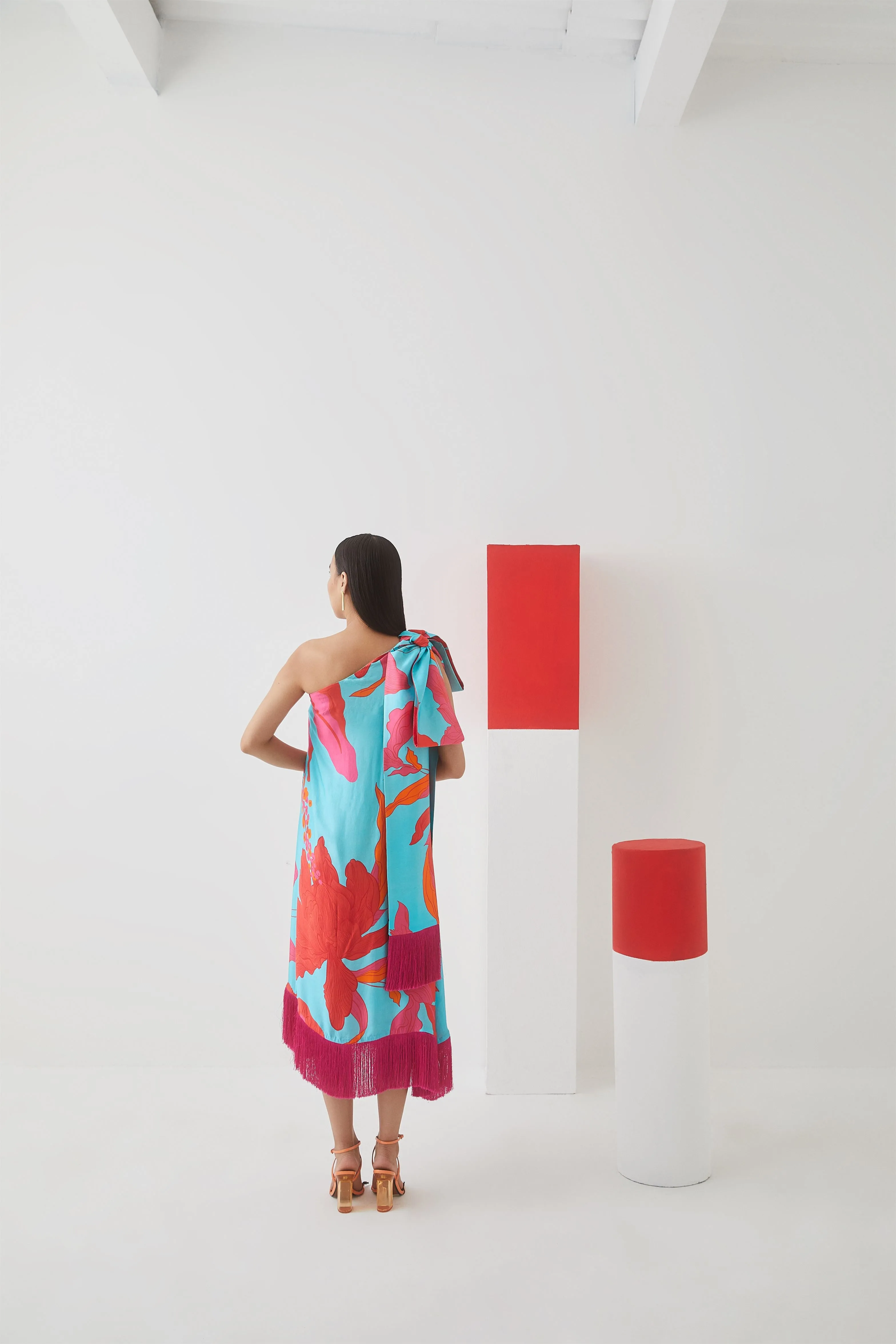 Studio Rigu Pushkinskiy Blue Rose One Shoulder Bow Dress Fringes On Collar  Bottom Of The Dress,Bow On Shoulder Vegan Silk Arcadia Collection
