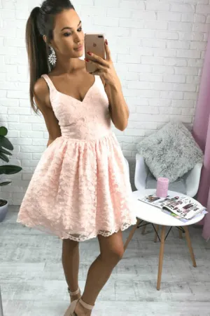 Stunning V-neck A-line Lace Pink Short Homecoming Dress with Zipper Party Dress OHM187