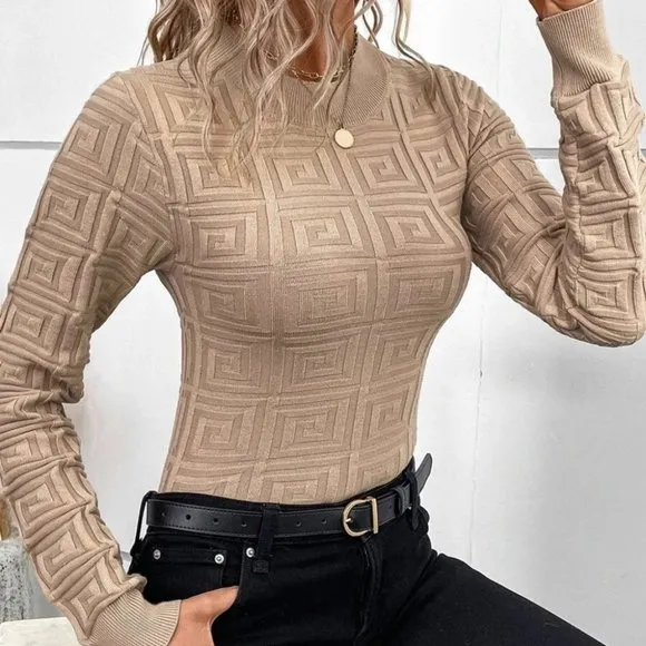 Tan Celeb Syle design long sleeved knit Sweater top tan