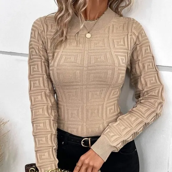 Tan Celeb Syle design long sleeved knit Sweater top tan