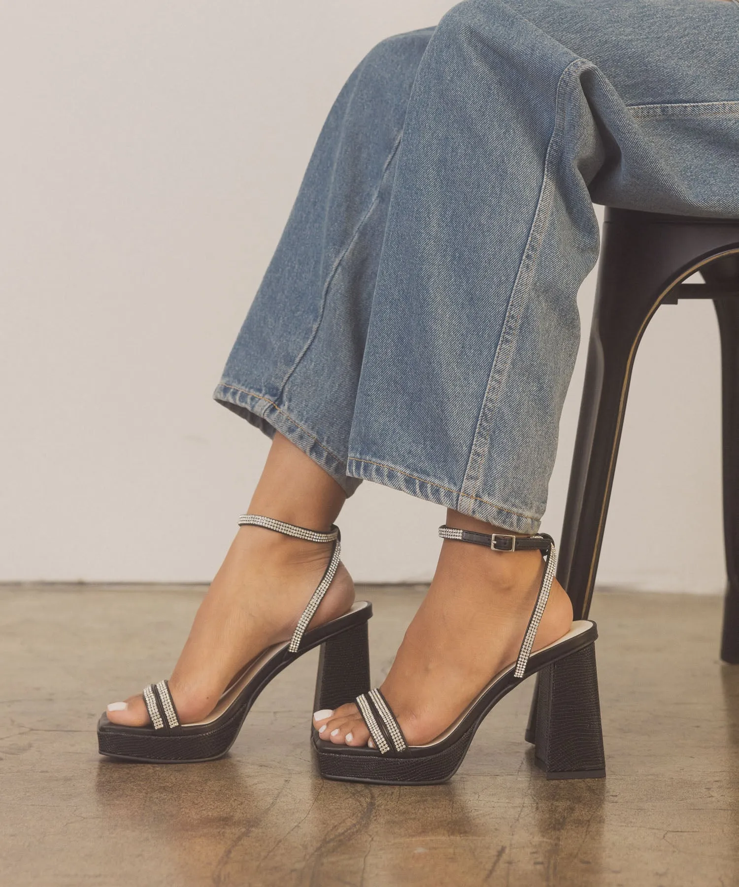The Suva | Black  Rhinestone and reptile print strappy heel