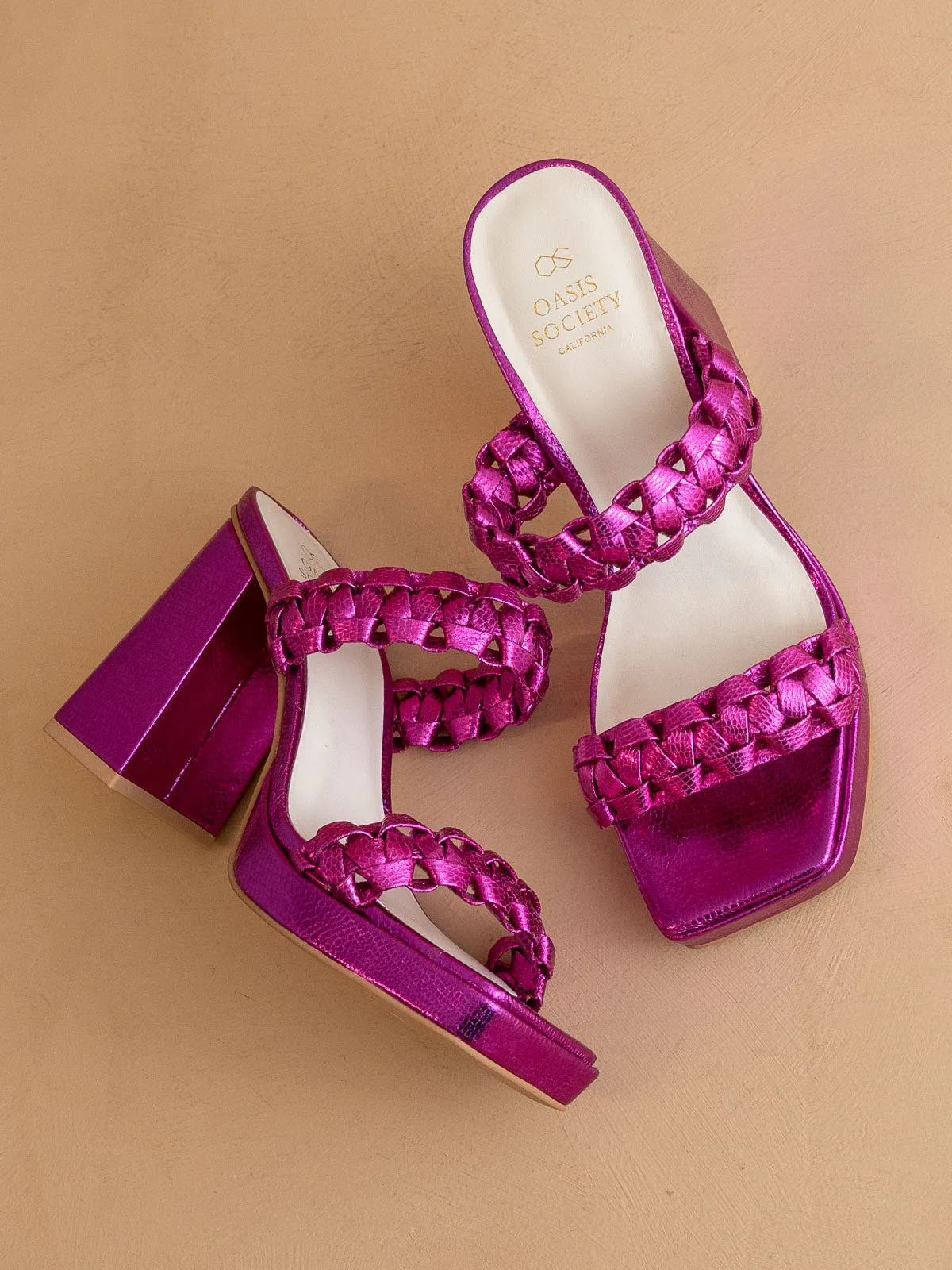 The Zenda | Metallic Pink 
  Braided chunky platform party heel