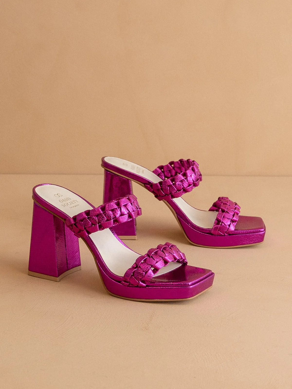 The Zenda | Metallic Pink 
  Braided chunky platform party heel