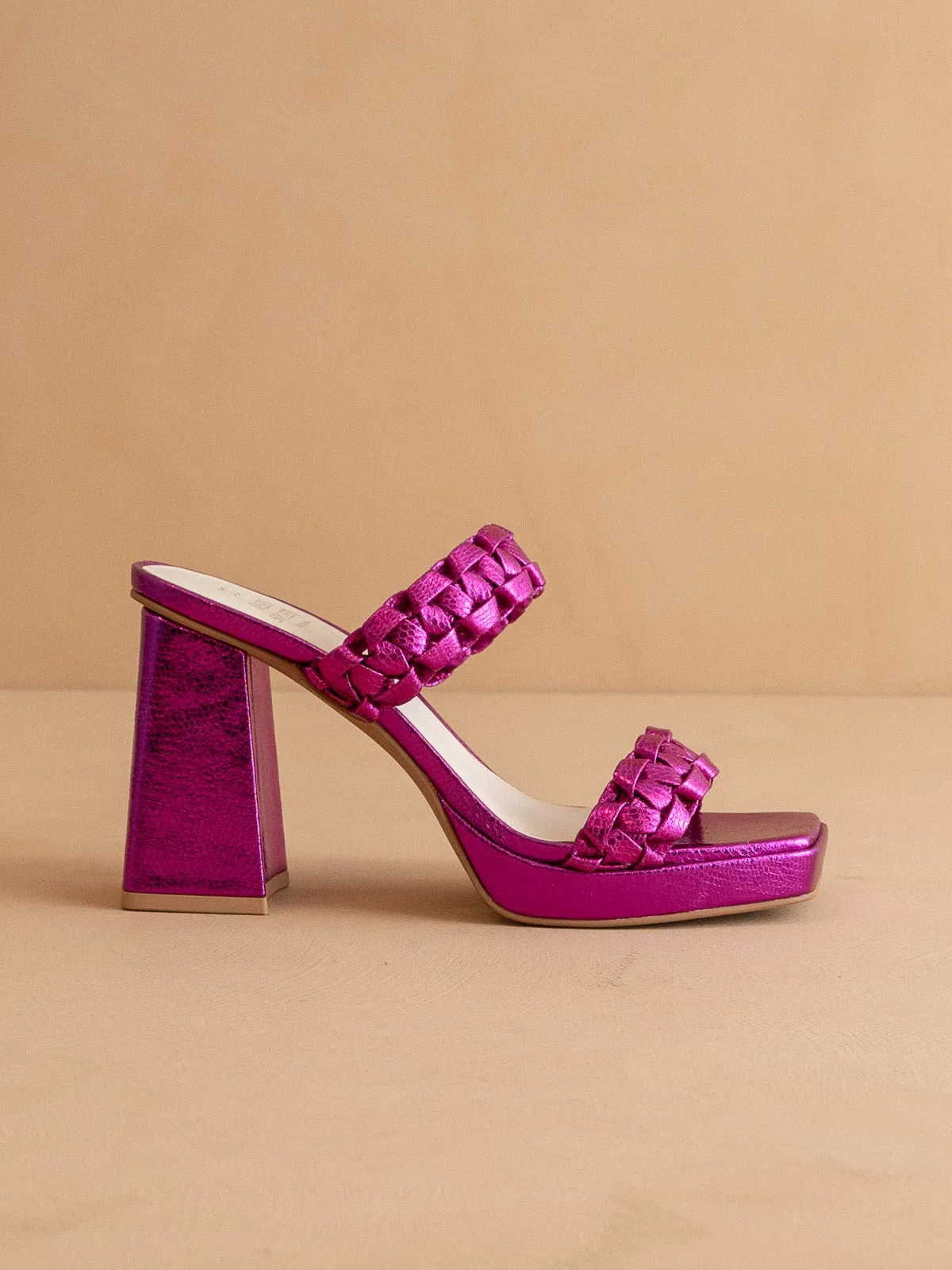 The Zenda | Metallic Pink 
  Braided chunky platform party heel