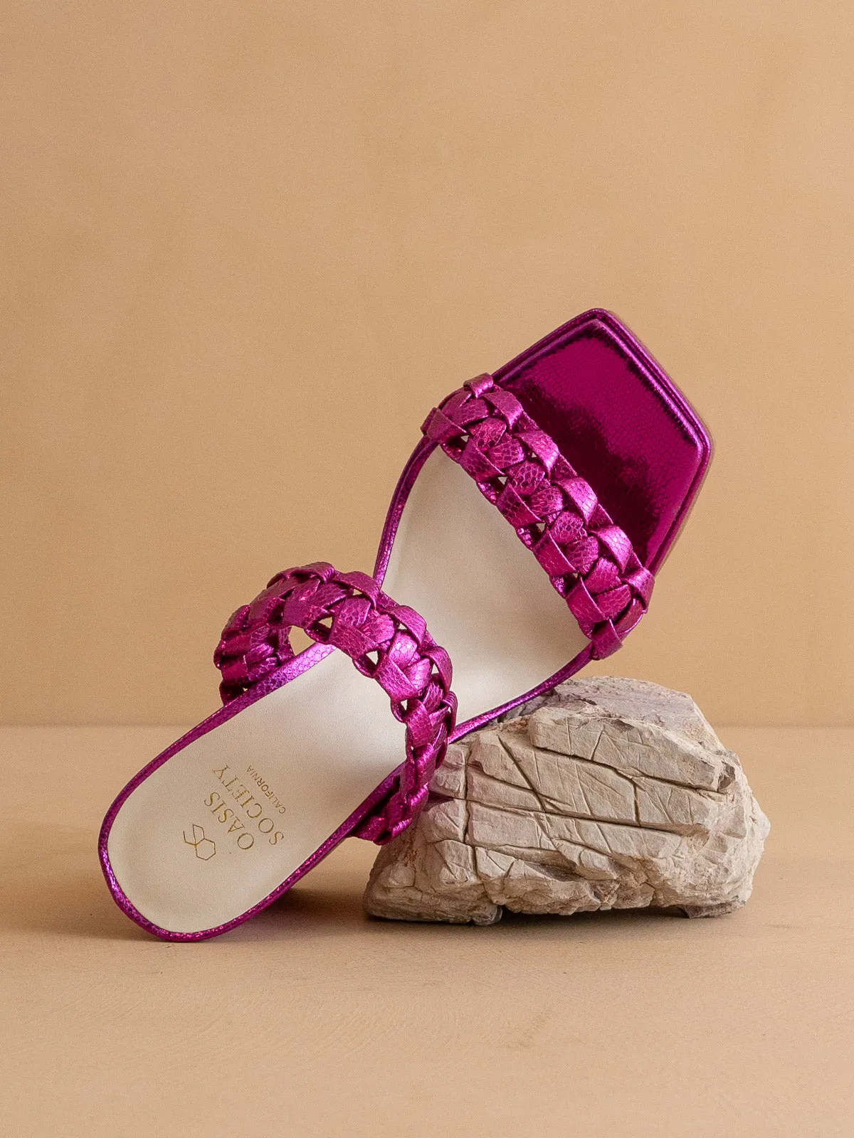 The Zenda | Metallic Pink 
  Braided chunky platform party heel