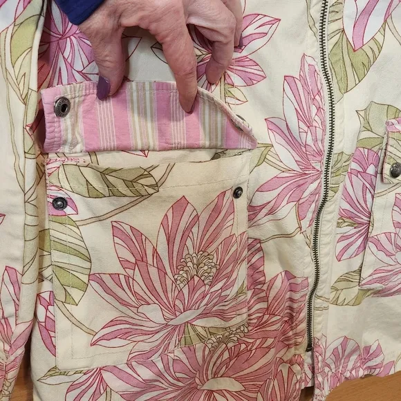 TOMMY HILFIGER VINTAGE 90s FLORAL CREAM AND PINK CLASSIC FULL ZIP JACKET MEDIUM