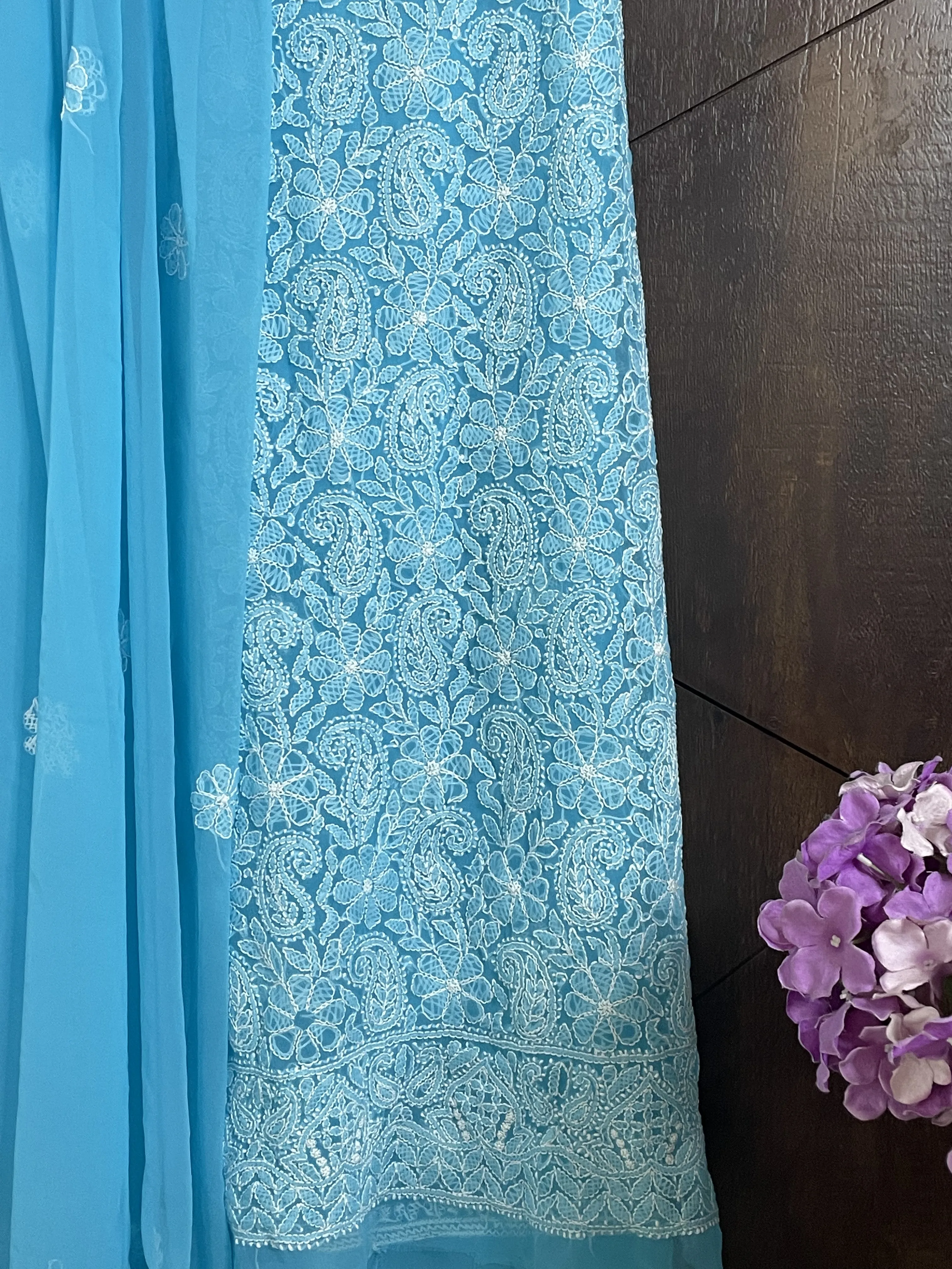 Trending Sky Blue Casual Chikankari Georgette Salwar Suit Fabric(unstitched)